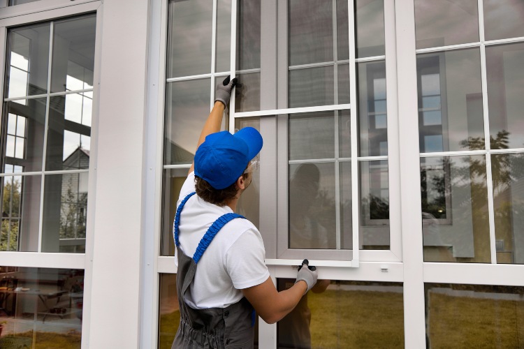 Window repair professional installing or adjusting a window screen