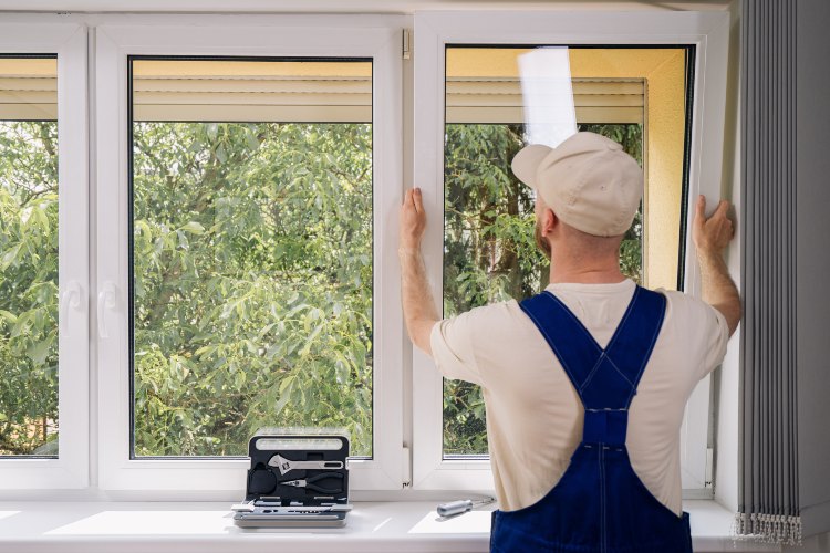 Window installer fitting a replacement window in a residential home